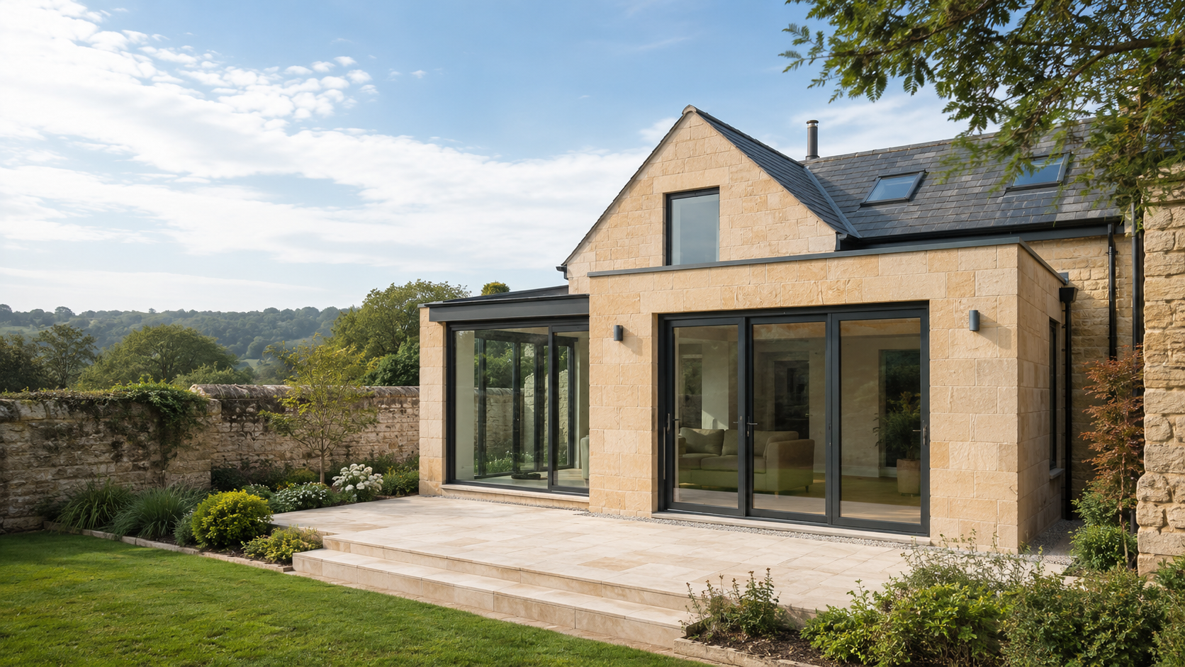 A single-storey stone extension with corner glazing