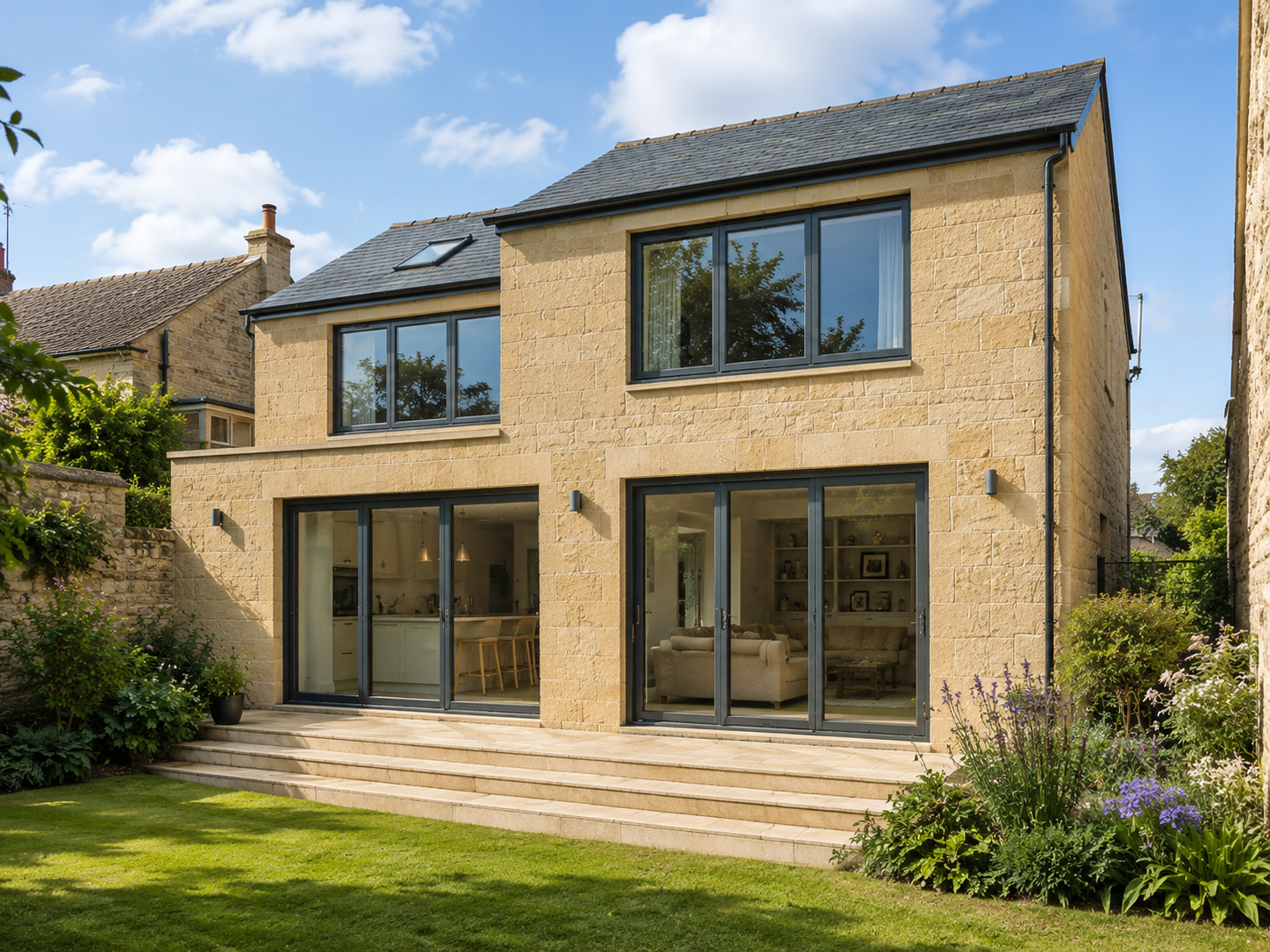 A two-storey rear extension with bifold doors