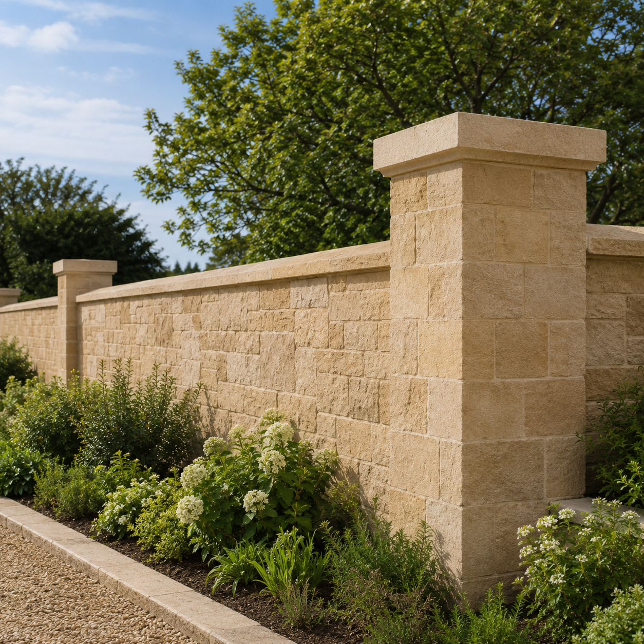 A new Bath stone boundary wall with piers
