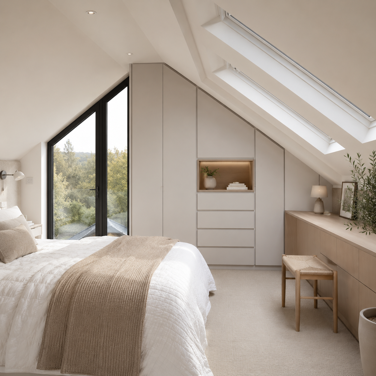 A bright loft conversion bedroom with rooflights