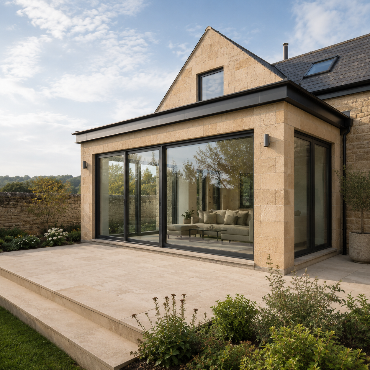 A stone garden room extension with full-height corner glazing