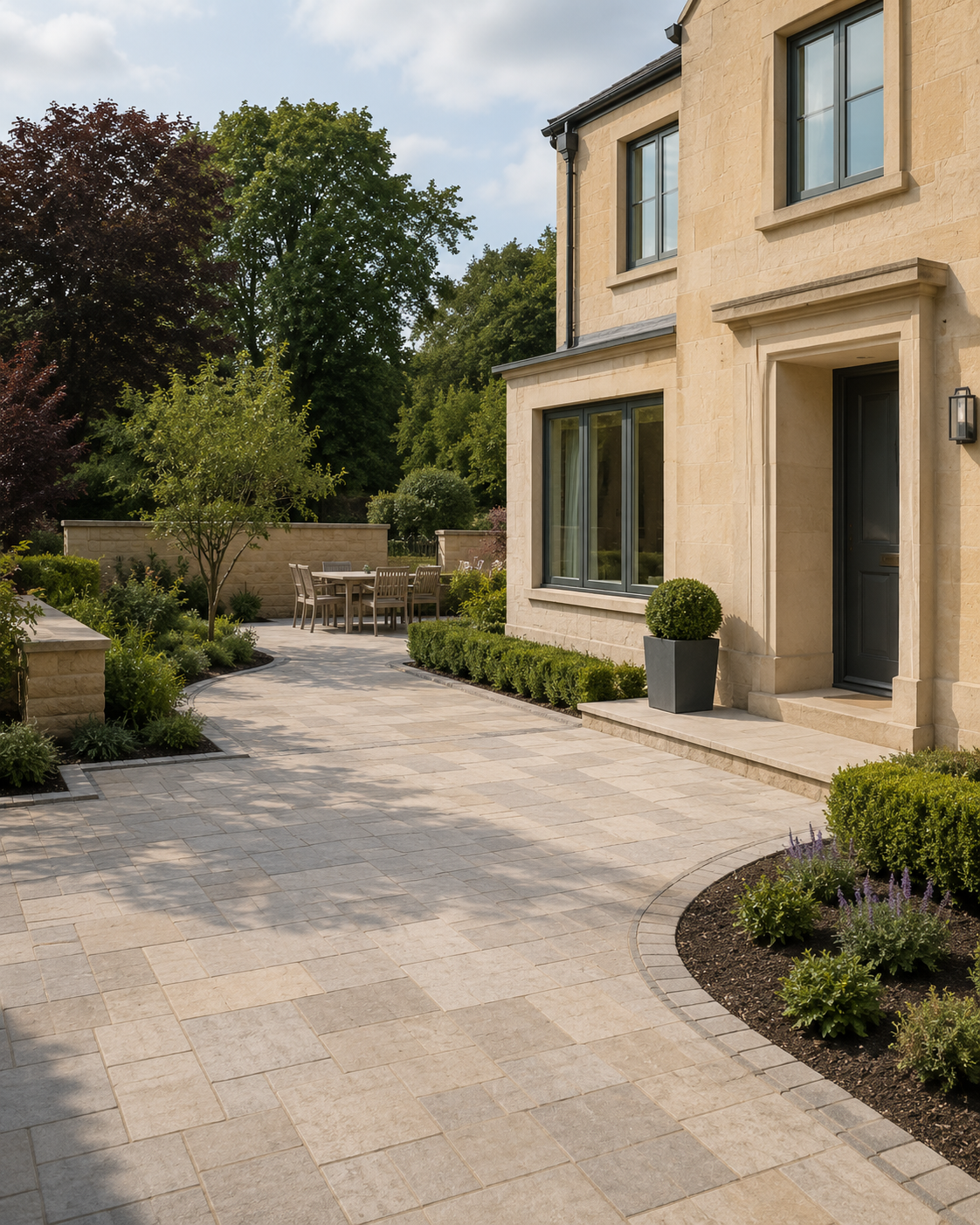 A new Bath stone house with a block-paved driveway