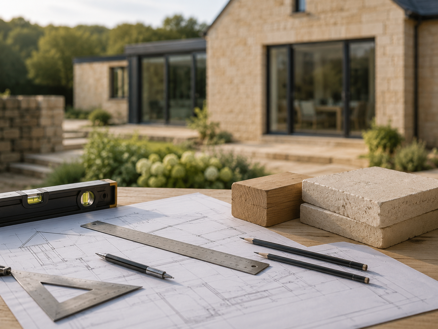 Building plans, a spirit level and Bath stone samples on a project table